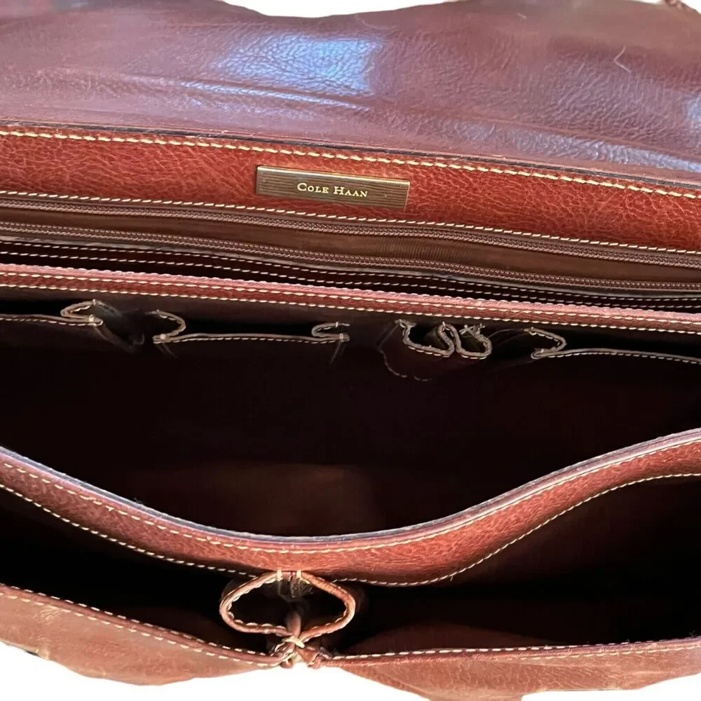 Cole Haan attache briefcase brown leather multi pocket double buckle 18
